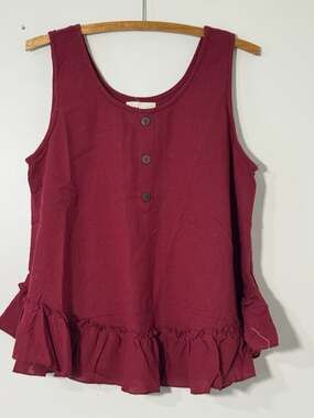 Rhea Maroon Sleeveless Top with Button and Ruffle Detail